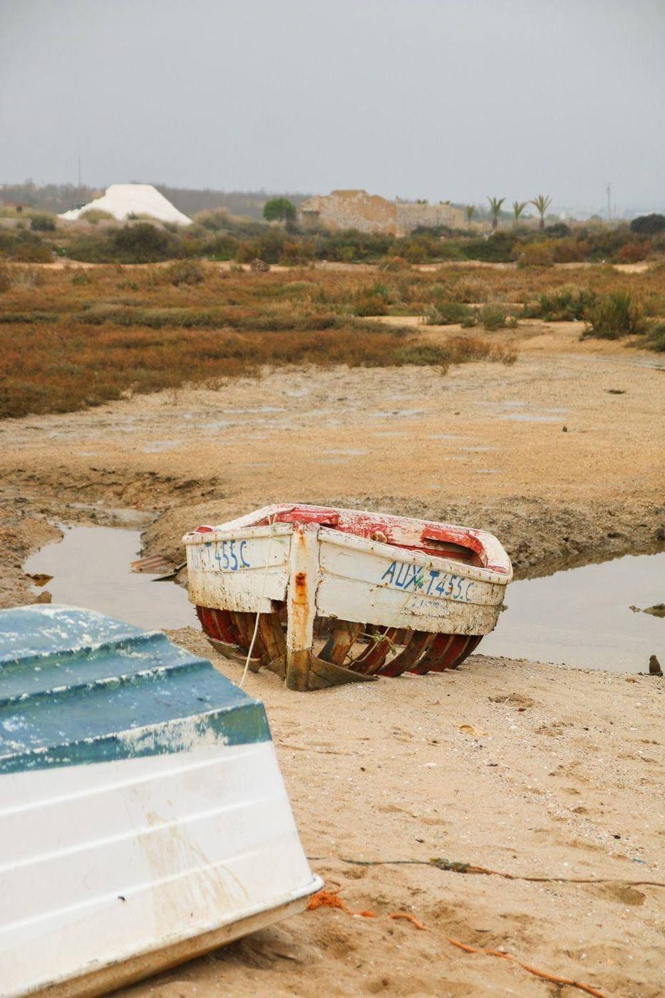 Des bateaux de pêche patinés sur les vasières de la Ria Formosa